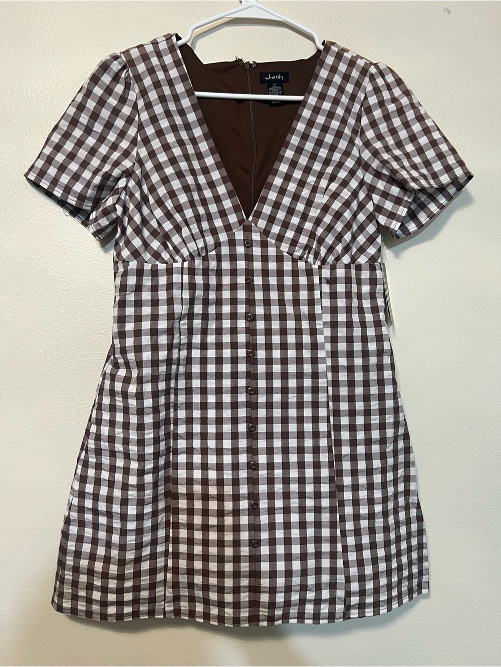 Justify Brown White Gingham Mini Dress Puff Sleeve Cottagecore NWT Size Medium.🐻